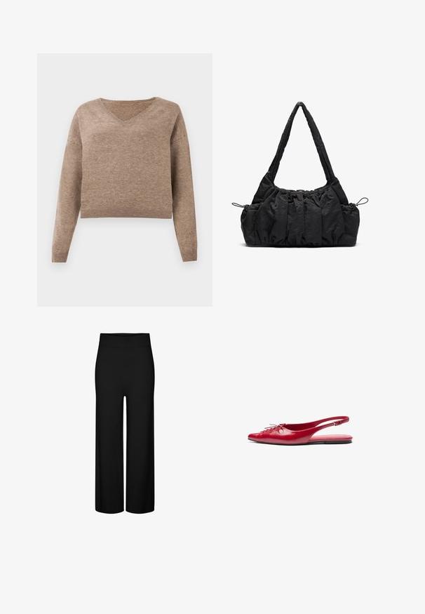 Beige ullblandingsjakke med krage, fem brune knapper, sidelommer og en firkantet silhuett. Myk tekstur og minimalistisk design.; Lys brun strikket genser med V-hals, lange ermer og ribbete kant. Myk tekstur med en litt kortet design og ingen synlige mønstre.; Sorte vide benbukser med en elastisk midjebånd, med en glatt tekstur og ingen synlige mønstre eller detaljer.; Rød lær slingback leplesko med spiss tå og dekorativ snøring foran, med en smal ankelrem og flat såle.; Svart stoffhåndveske med rynket tekstur, to skulderstropper og snøring på sidene. Glatt, lett materiale.