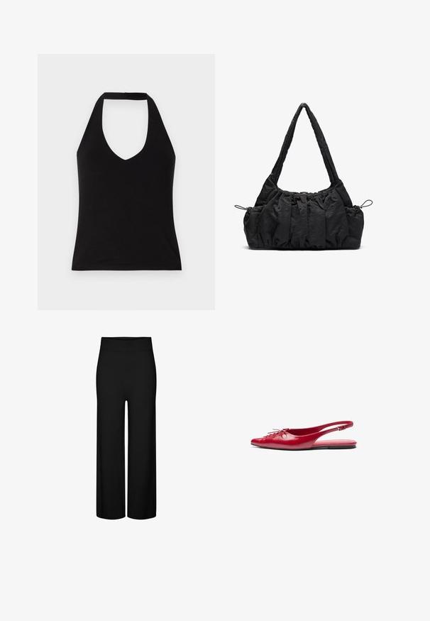 Beige wool blend jacket with a collared neck, five brown buttons, side pockets, and a boxy silhouette. Soft texture and minimal design.; Black halter top with a deep V-neckline, made of smooth fabric. Fitted shape with a clean hem and exposed shoulders.; Black wide-leg trousers with a stretchy waistband, featuring a smooth texture and no visible patterns or accents.; Red leather slingback flat shoe with a pointed toe and a decorative lace-up detail on the front, featuring a slim ankle strap and flat sole.; Black fabric handbag with gathered texture, two shoulder straps, and drawstring closure on sides. Smooth, lightweight material.