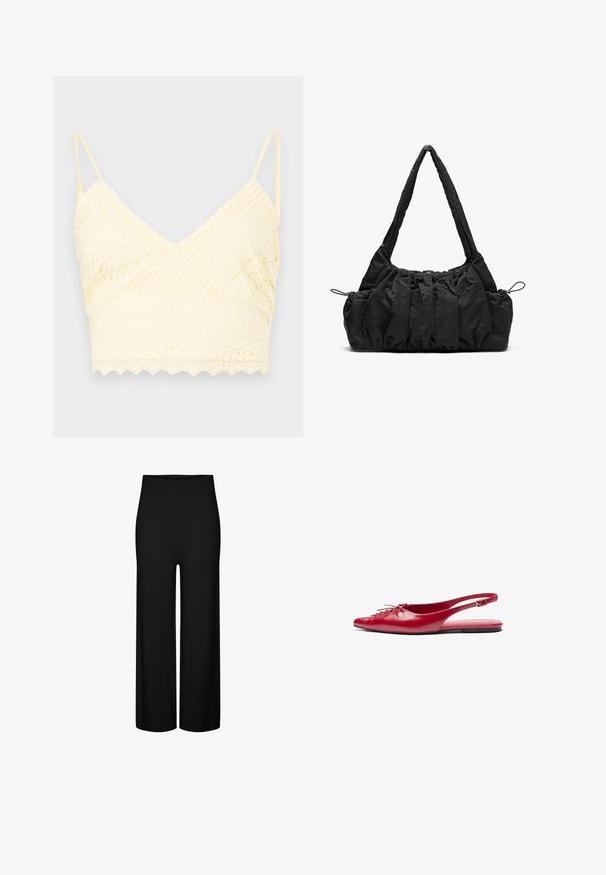 Beige gyapjú keverék zakó, galléros nyakkal, öt barna gombbal, oldalsó zsebekkel és dobozszerű siluettel. Puha tapintás és minimalista dizájn.; Sárga csipkés bralette V-nyakú kialakítással, állítható pántokkal, texturált mintákkal és hullámos szegéllyel.; Fekete, bő szárú nadrág elasztikus derékkal, sima textúrával, látható minták vagy díszítések nélkül.; Piros bőr, hátul nyitott lapos cipő, hegyes orral és dekoratív fűzős részlettel az elején, vékony bokapánttal és lapos talppal.; Fekete szövet kézitáska gyűrött textúrával, két vállpánttal és fűzős záródással az oldalakon. Simább, könnyű anyag.
