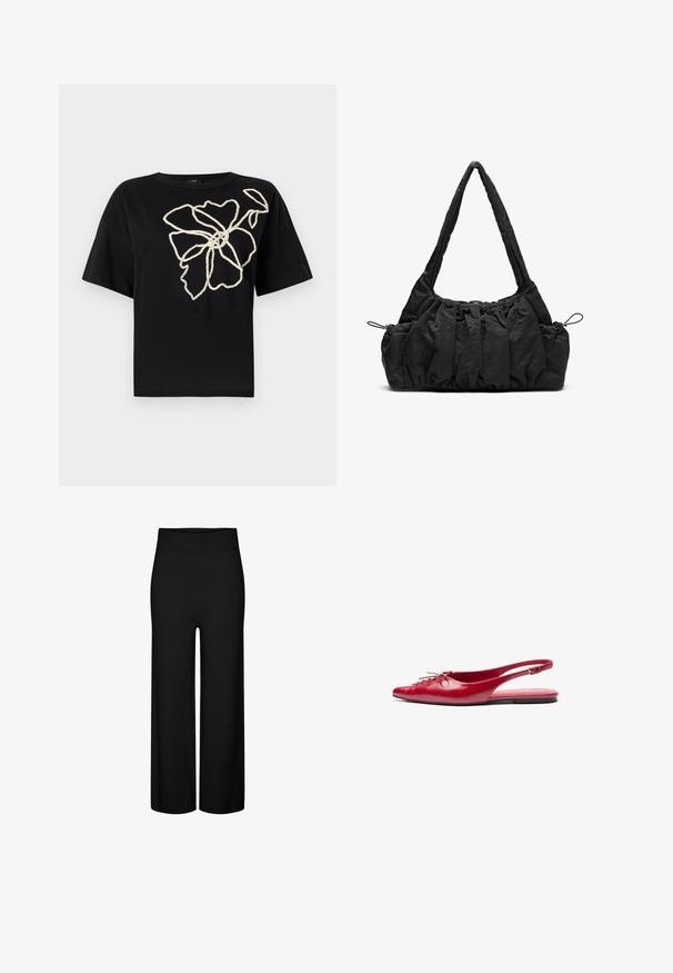 Beige ullblandingsjakke med krage, fem brune knapper, sidelommer og en firkantet silhuett. Myk tekstur og minimalistisk design.; Svart kortermet t-skjorte med blomstermønster i teksturert kremfarget broderi på fronten, med en avslappet passform og rund hals.; Sorte vide benbukser med en elastisk midjebånd, med en glatt tekstur og ingen synlige mønstre eller detaljer.; Rød lær slingback leplesko med spiss tå og dekorativ snøring foran, med en smal ankelrem og flat såle.; Svart stoffhåndveske med rynket tekstur, to skulderstropper og snøring på sidene. Glatt, lett materiale.