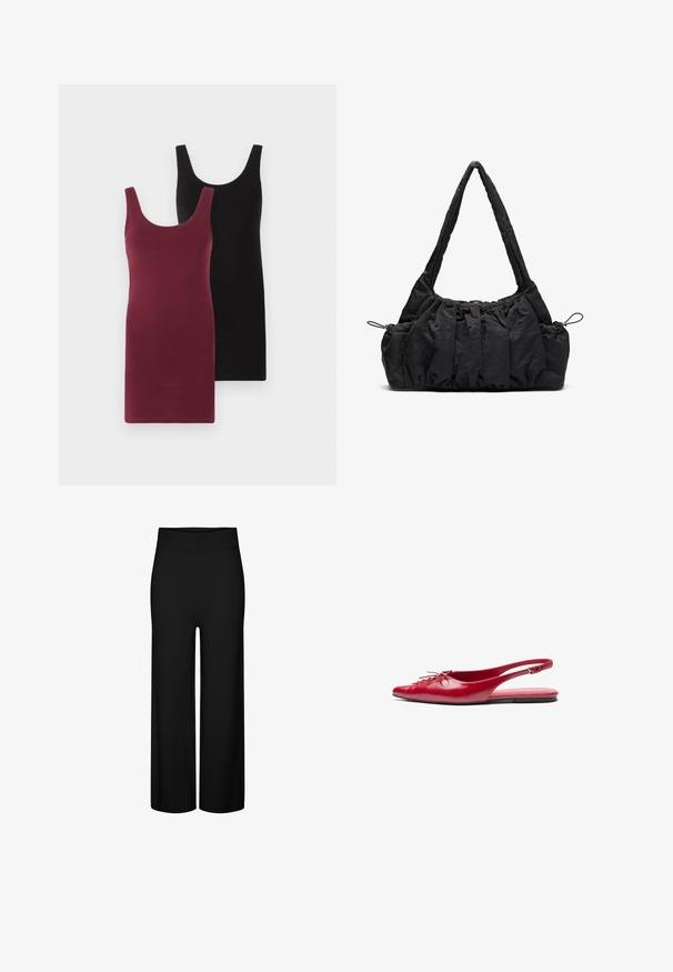Chaqueta de mezcla de lana beige con cuello tipo solapa, cinco botones marrones, bolsillos laterales y silueta cuadrada. Textura suave y diseño minimalista.; Dos vestidos sin mangas: uno en burdeos y otro en negro. Están hechos de una tela suave y elástica con un diseño ajustado y escote redondo.; Pantalones de pierna ancha negros con una cintura elástica, que presentan una textura suave y sin patrones ni acentos visibles.; Zapato plano de charol rojo con punta afilada y un detalle decorativo de cordones en la parte delantera, que incluye una delgada correa en el tobillo y suela plana.; Bolso de tela negra con textura fruncida, dos asas para el hombro y cierre de cordón en los laterales. Material suave y ligero.