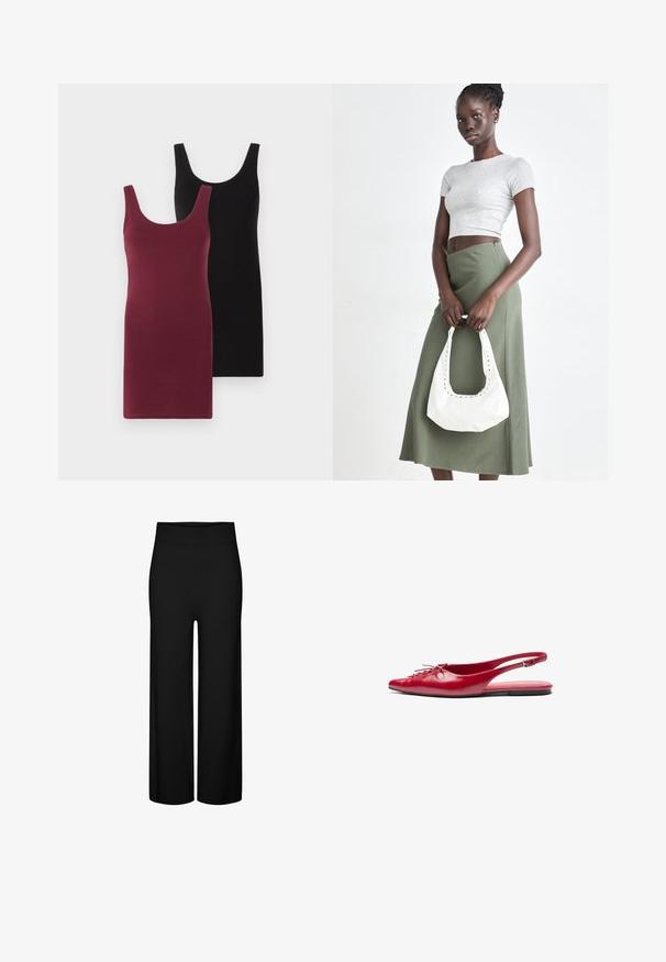 Béžová vlna smíšená bunda s límcem, pěti hnědými knoflíky, bočními kapsami a hranatým siluetem. Měkká textura a minimalistický design.; Dvě bezrukávové šaty: jedny v burgundské barvě a jedny černé. Vyrobené z měkké, elastické tkaniny s přiléhavým střihem a kulatým výstřihem.; Černé široké kalhoty s elastickým pasem, se hladkým povrchem a bez viditelných vzorů nebo doplňků.; Červená kožená sanda s plochým podpatkem a špičatou špičkou, s dekorativním šněrováním na přední straně, s úzkým řemínkem kolem kotníku a plochou podrážkou.; Šedý pruhovaný crop top a olivově zelená sukně s vysokým pasem. Modelka drží bílou kabelku přes rameno s výřezovými detaily. Jednoduchý design, přiléhavý silueta.