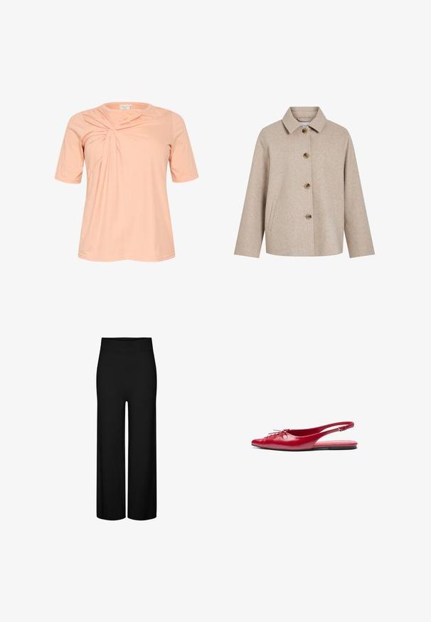 Beige ullblandad jacka med krage, fem bruna knappar, sidofickor och en boxig siluett. Mjuk textur och minimalistisk design.; Kortärmad, ljus persikofärgad T-shirt med en twistad designdetalj fram, tillverkad av mjukt, lätt material med rund halsringning.; Svarta vida byxor med elastisk midja, med en slät yta och utan synliga mönster eller accenter.; Röda läder slingback-lägenheter med spetsig tå och en dekorativ snörningsdetalj på framsidan, med en smal ankelsnodd och platt sula.