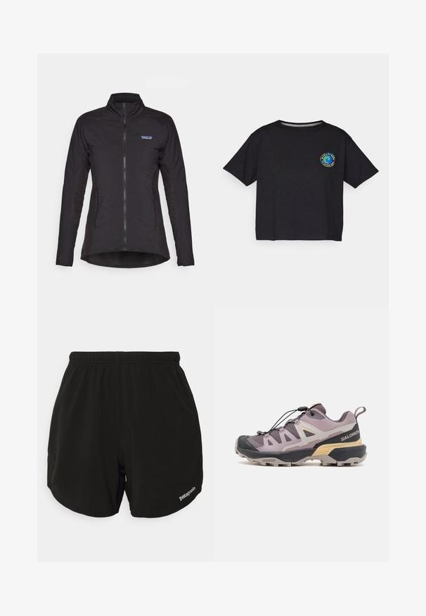 Jachetă neagră cu fermoar, cu guler înalt, dintr-un material neted, având panouri laterale texturate și un logo Patagonia pe piept.; T-shirt scurt cu mânecă, de culoare neagră, din bumbac, având un logo circular multicolor pe piept. Tiv dreapt și croială lejeră.; Șorturi atletice negre cu talie elastică, având un tiv curbat, buzunare laterale și un mic logo alb "Patagonia" în partea dreaptă inferioară.; Pantof geamăn de culoare purpuriu deschis, cu partea superioară din plasă și vârf din cauciuc, dotat cu un sistem de șirete cu închidere rapidă și talpă contagrip pentru aderență.
