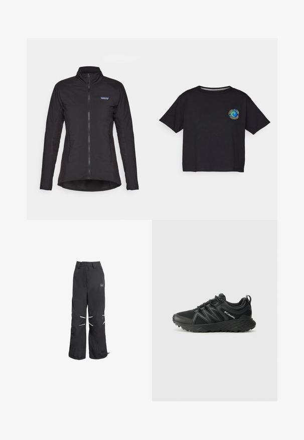 Veste zippée noire avec un col montant, en tissu lisse, dotée de panneaux latéraux texturés et d'un logo Patagonia sur la poitrine.; T-shirt noir en coton à manches courtes avec un logo circulaire multicolore sur la poitrine. Ourlet droit et coupe décontractée.; Pantalons larges noirs avec des détails réfléchissants aux genoux, taille haute avec passants de ceinture, et un logo circulaire sur la cuisse supérieure droite.; Columbia PEAKFREAK - Chaussures de marche - black