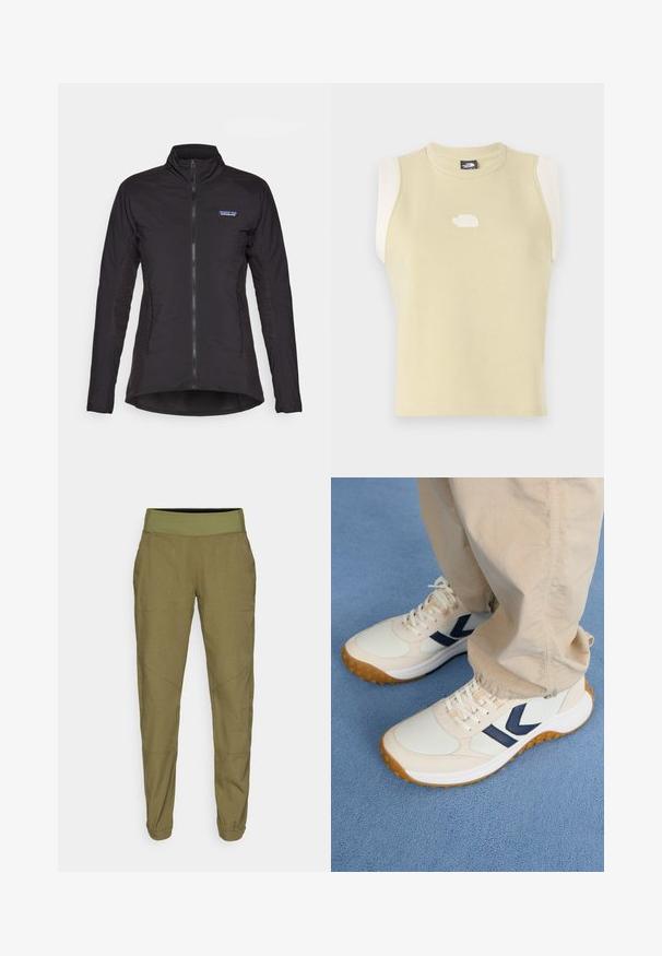 Svart hettejakke med glidelås, laget av glatt stoff, med teksturerte sidepaneler og Patagonia-logo på brystet.; Ermeløs topp i pastellgul bomull med rund hals. Har kontrasterende kremfargede skulderpaneler og en teksturert logo på brystet.; Olivenfargede tapered bukser med elastisk liv, lett stoff og to sidelommer. Har diskret sømmer og oppbrettede hem.; Lys beige idrettssko med mørkeblå detaljer, teksturert overdel og gummisåle. Snøring og polstret krage for komfort.
