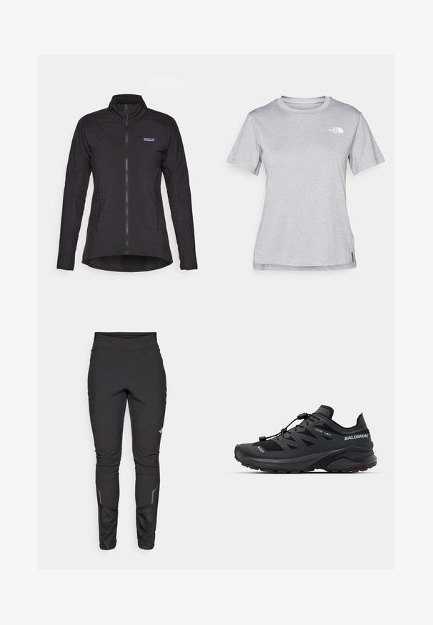 Jachetă neagră cu fermoar, cu guler înalt, dintr-un material neted, având panouri laterale texturate și un logo Patagonia pe piept.; Tricou scurt cu mânecă gri, fabricat dintr-un material moale, care absoarbe umezeala. Are un guler rotund și un mic logo alb în partea stângă sus.; Pantaloni negri de exterior cu un design ajustat, fabrică durabilă, accente reflectorizante și cusături pe panouri pentru mobilitate și confort sporit.; Pantof sport negru, realizat din plasă respirabilă și cauciuc. Dispune de un design elegant, sistem de șireturi rapide și talpă texturată pentru aderență.