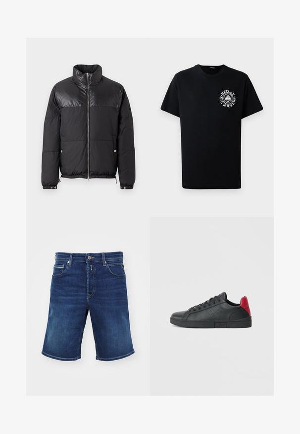 Replay WINTER PUFFER - Ziemas jaka - black; Melnas kokvilnas T-krekls ar īsām piedurknēm, ar baltu apļa logotipu kreisajā krūtī, kas ietver tekstu un grafiskus dizainus.; Tumši zili džinsu šorti ar pogu aizdari, piecām kabatām un taisnas piegriezuma dizainu. Vidēji smaga auduma ar nelielu izbalējumu.; Melnais sintētiskais sneakers ar sarkaniem papēža akcentiem, perforētu sānu dizainu, noapaļotu pirkstu daļu, plakanu melnu zoli un melnām šņorēm.