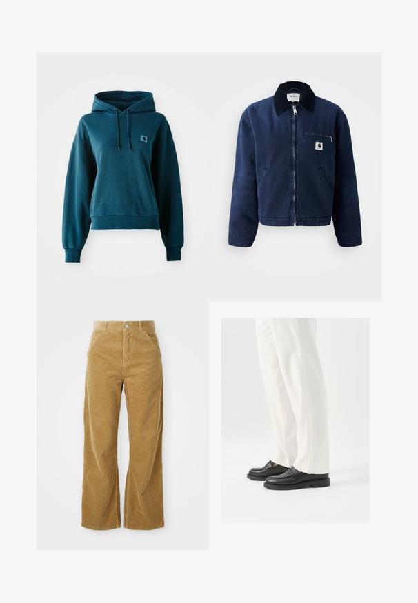Mornarsko plava zip-svaka jakna s crnim ovratnikom, dva prednja džepa, džep s patentnim zatvaračem na prsima i mala Carhartt logo oznaka na lijevoj strani prsnog dijela.; Tirkizna dukserica s kapuljačom, izrađena od meke tkanine, sa vezicom za podešavanje kapuljače, rebrastim manžetama i donjim rubom, te malim logotipom na prsima.; Pantalone širokog kroja od kordura u svijetlo smeđoj boji, s teksturiranim rebrastim uzorkom, pet džepova i dugmetom za pričvršćivanje u struku.; Crne kožne mokasine s glatkom teksturom, detaljima šivanja i zaobljenim prstima, uparenim s bijelim krojenim hlačama.