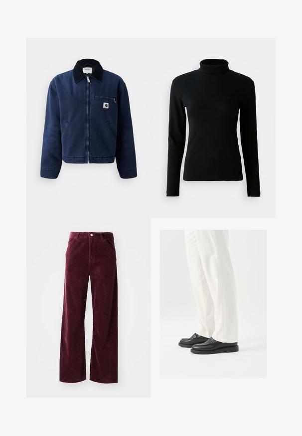 Giacca zip-up blu navy con colletto nero, due tasche frontali, tasca con zip sul petto e piccolo badge del logo Carhartt sul lato sinistro del petto.; Maglione a collo alto a maniche lunghe nero a coste con silhouette aderente su uno sfondo bianco semplice.; Pantaloni in corduroy bordeaux con design a gamba larga, dotati di tasche frontali, chiusura con bottone e texture a righe su tutta la superficie.; Mocassini neri in pelle con una texture liscia, dettagli in cucitura e punta arrotondata, abbinati a pantaloni bianchi su misura.