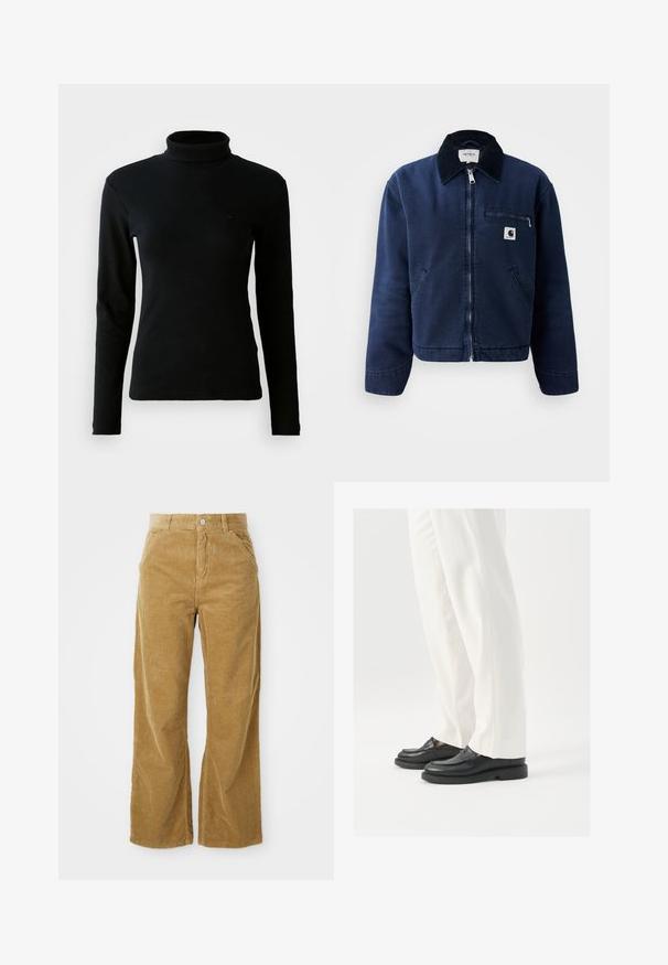 Sötétkék zipzáros dzseki fekete gallérral, két elülső zsebbel, mellkasi cipzáras zsebbel és egy kis Carhartt logóval a bal mellrészen.; Fekete bordázott, hosszú ujjú garbó pulóver, testhez simuló szabással, sima fehér háttér előtt.; Világosbarna kordbársony, bővülő szárú nadrág, amely texturált bordázott mintával rendelkezik, öt zseb található rajta, valamint gombos derékzár.; Fekete bőr loaferek sima textúrával, varrásos részletezéssel és kerek orral, fehér, szabott nadrággal párosítva.