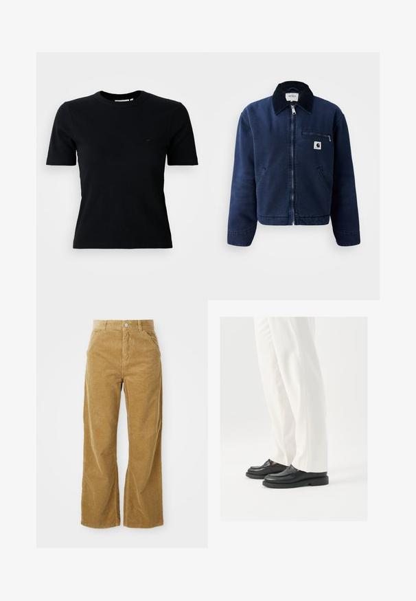 Veste zippée bleu marine avec col noir, deux poches à l'avant, poche zippée sur la poitrine et petit logo Carhartt sur la poitrine gauche.; T-shirt noir à manches courtes à côtes et col rond ; arbore un logo subtil sur la poitrine ; fabriqué en tissu doux et texturé.; Pantalons large en velours côtelé marron clair, présentant un motif côtelé texturé, cinq poches et un bouton de fermeture à la taille.; Mocassins en cuir noir avec une texture lisse, des détails de couture et un bout arrondi, associés à un pantalon blanc ajusté.