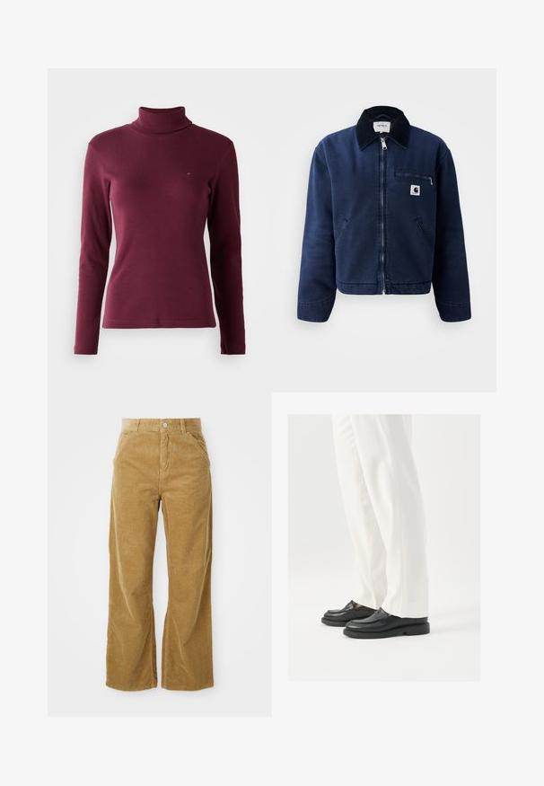 Tumedast sinise värviga lukuga jakk musta kraega, kahe esipocketiga, rinnal lukuga taskuga ja väike Carhartti logo plaaster vasakul rinnal.; Burgundia pikkade varrukatega kõrge kaelusega kampsun ribakanga valmistatud, millel on nõtke disain ja väike logo tikitud ees.; Kollane laia säärega puuvillane pükste paar, millel on tekstuuriga sooniline muster, viis taskut ja lukuga kinnitamine vööl.; Mustad musta nahast loafers, millel on sile tekstuur, õmblustäiendused ja ümar nina, koos valgete kohandatud pükstega.