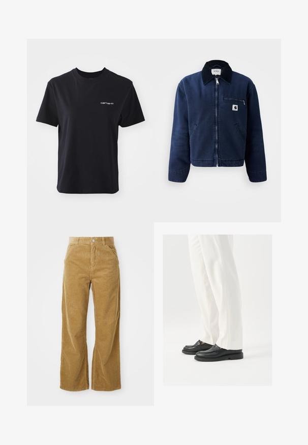 Námornícky modrá zipsová bunda s čiernym golierom, dvoma prednými vreckami, vreckom na zips na hrudníku a malou nášivkou loga Carhartt na ľavej strane hrudníka.; Čierne bavlnené tričko s okrúhlym výstrihom, krátkymi rukávmi a bielym logom "carhartt" na ľavej hrudi. Hladká textura, štandardný strih.; Biely široké nohavice z kordu v svetlohnedej farbe, s textúrovaným ribovaným vzorom, piatimi vreckami a gombíkovým zapínaním v páse.; Čierne kožené mokasíny s hladkou textúrou, šitím a zaoblenou špičkou, spárované s bielymi elegantnými nohavicami.