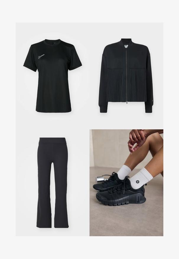 Czarna kurtka z zamkiem z przodu, z gładką górną częścią i plisowaną dolną częścią. Wykonana z miękkiego, elastycznego materiału.; Czarna, krótko rękawowa koszulka sportowa z okrągłym dekoltem. Posiada białe logo Nike na górnej lewej stronie. Gładki, lekki materiał.; Czarne rozszerzane spodnie z elastycznego materiału z wysokim stanem. Charakteryzują się czystymi liniami i gładką fakturą, idealne na co dzień.; Czarne buty sportowe z teksturowanej tkaniny, z warkoczowym wzorem i wyraźną podeszwą, w zestawie z białymi skarpetami prążkowanymi z małym logo.