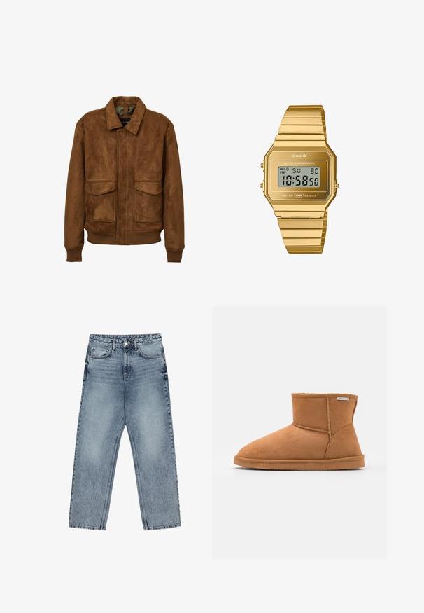 Giacca in faux suede marrone con colletto, due tasche a toppa frontali, polsini a coste e orlo. Texture liscia e vestibilità comoda.; Maglione dolcevita marrone realizzato in tessuto morbido, con maniche lunghe, polsini a coste e un design aderente senza motivi visibili.; Jeans in denim azzurro chiaro con taglio a gamba dritta, cuciture visibili, design a cinque tasche e chiusura a bottoni in vita.; Stivale alla caviglia in suede marrone con punta rotonda, morbida fodera interna, dettagli cuciti e suola in gomma. Etichetta del marchio visibile sul lato.; Orologio digitale Casio con cassa e bracciale in acciaio inossidabile placcato oro a forma ottagonale, dotato di display LCD, sveglia e resistenza all'acqua.