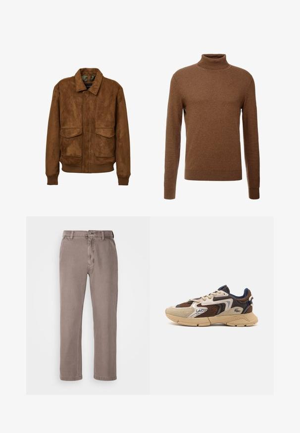 Veste en suède synthétique marron avec un col, deux poches plaquées à l'avant, des poignets côtelés et un ourlet. Texture lisse et coupe décontractée.; Pull en col roulé marron en tissu doux, avec des manches longues, des poignets côtelés et une coupe ajustée sans motifs visibles.; Pantalons bruns à jambe droite en coton doux mélangé. Dotés d'une fermeture à bouton, de passants de ceinture et de poches latérales. Design minimaliste.; Sneaker beige et marron avec des panneaux en maille texturée, des accents en daim et une semelle en caoutchouc. Présente un design à lacets et des détails de marque.