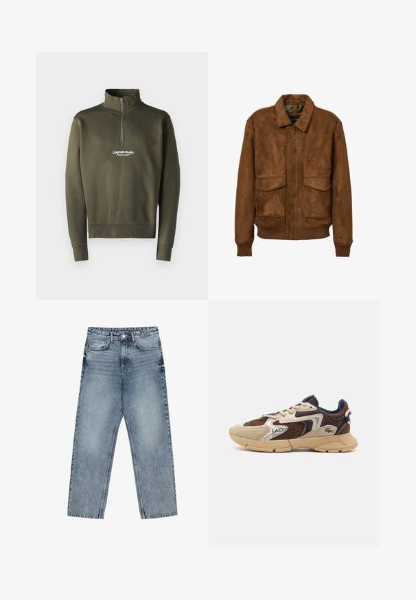 Brauner Kunstwildlederjacke mit Kragen, zwei aufgesetzten Fronttaschen, gerippten Bündchen und Saum. Glatte Textur und lockerer Schnitt.; Olivgrüner Reißverschluss-Sweatshirt mit hohem Kragen, versehen mit einem weißen Logo auf der Brust, aus einem weichen, strukturierten Stoff gefertigt.; Hellblaue Jeans aus Denim mit geradem Schnitt, sichtbaren Nähten, fünf Taschen-Design und einem Knopfverschluss an der Taille.; Beige und braune Sneakers mit strukturierten Netzpaneelen, Wildlederakzenten und einer Gummisohle. Verfügt über ein Schnürdesign und Marken-Detailing.