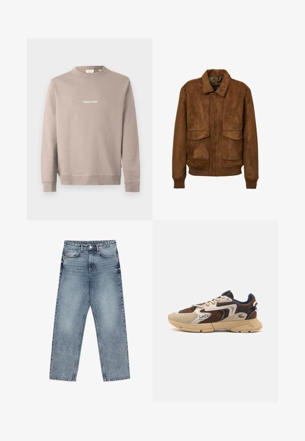 Brauner Kunstwildlederjacke mit Kragen, zwei aufgesetzten Fronttaschen, gerippten Bündchen und Saum. Glatte Textur und lockerer Schnitt.; Beige Sweatshirt mit langen Ärmeln und einem runden Halsausschnitt. Verfügt über "Original Studio" in Weiß auf der Brust gestickt. Glatte Textur, gerippte Bündchen.; Hellblaue Jeans aus Denim mit geradem Schnitt, sichtbaren Nähten, fünf Taschen-Design und einem Knopfverschluss an der Taille.; Beige und braune Sneakers mit strukturierten Netzpaneelen, Wildlederakzenten und einer Gummisohle. Verfügt über ein Schnürdesign und Marken-Detailing.