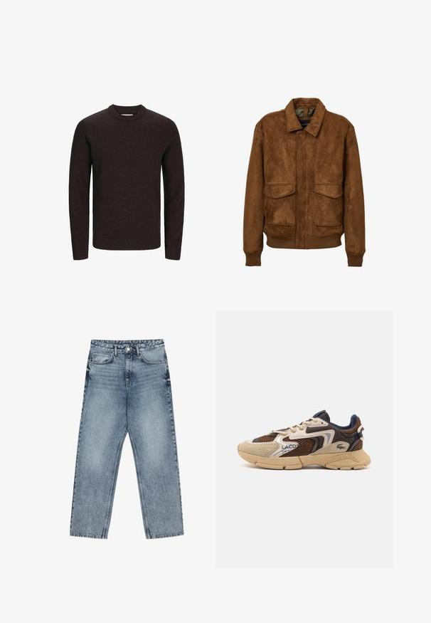 Brown faux suede jacket with a collar, two front patch pockets, ribbed cuffs, and hem. Smooth texture and relaxed fit.; Brown crew-neck sweater made of soft knit fabric. Features long sleeves and ribbed hem and cuffs for a snug fit. Simple, solid color design.; Light blue denim jeans with a straight leg cut, visible stitching, five pocket design, and a button closure at the waist.; Beige and brown sneaker with textured mesh panels, suede accents, and a rubber sole. Features lace-up design and branded detailing.