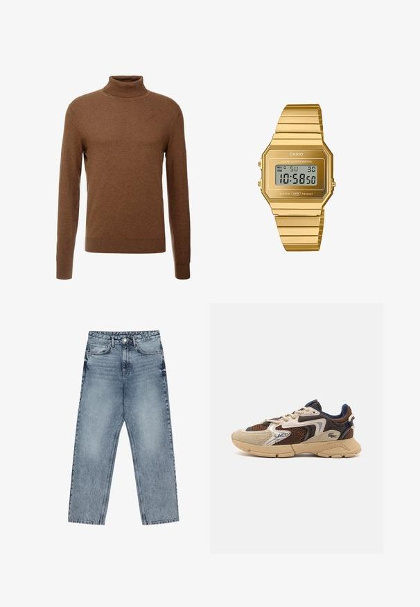 Veste en suède synthétique marron avec un col, deux poches plaquées à l'avant, des poignets côtelés et un ourlet. Texture lisse et coupe décontractée.; Pull en col roulé marron en tissu doux, avec des manches longues, des poignets côtelés et une coupe ajustée sans motifs visibles.; Jean en denim bleu clair avec une coupe droite, couture visible, design à cinq poches et fermeture à bouton à la taille.; Sneaker beige et marron avec des panneaux en maille texturée, des accents en daim et une semelle en caoutchouc. Présente un design à lacets et des détails de marque.; Montre numérique Casio avec un boîtier octagonal en acier inoxydable doré et un bracelet, dotée d'un affichage LCD, d'une alarme et d'une résistance à l'eau.
