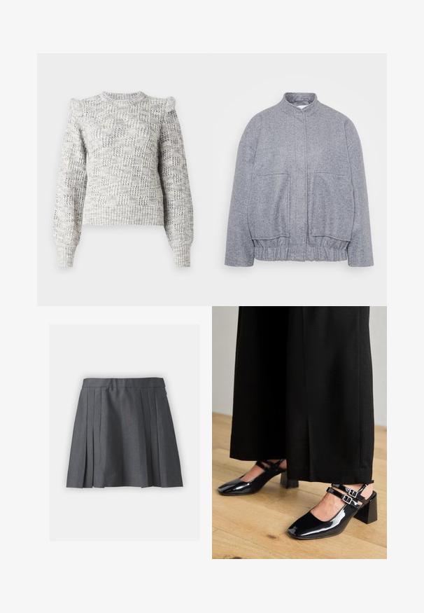Siva, teksturirana jakna z visokim ovratnikom, elastičnim robom in velikimi sprednjimi žepi. Ima sproščen kroj in minimalne šive.; Svetlo sivi pleteni pulover z teksturiranim karirastim vzorcem, balonastimi rokavi in krožnim izrezom. Ima rebraste manšete in rob.; Siva nabrana krilka iz teksturiranega materiala, z pasom in skrito zadrgo. Ima enakomerno razporejene nabore za strukturiran videz.; Črne patentne usnjene sandale s kvadratnimi prsti, opremljene z dvema nastavljivima zapestnicama in blokastimi petami. Gladka, sijoča končana.