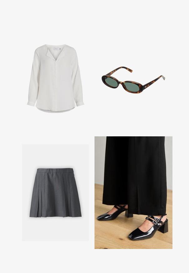 Szürke, texturált dzseki magas gallérral, elasztikus aljjal és nagy elülső zsebekkel. Laid-back fit és minimális varrási részletek jellemzik.; Fehér, hosszú ujjú blúz puha anyagból, kivágott gallérral, elülső húzózárral és ívelt alsó résszel.; Két hosszúujjú felső: egy krémszínű, cropped stílusú és egy zöld, normál hosszúságú, raglan ujjal. Mindkettő puha anyagból készült.; Szürke, redős szoknya texturált anyagból, derékpánttal és rejtett cipzárral. Egyenletesen elhelyezett redők jellemzik, ami strukturált megjelenést kölcsönöz.; Fekete lakkozott bőr slingback cipők négyzet alakú orral, kettős, állítható bokapántokkal és tömbsarkakkal. Simább, fényes felület.; Tortojásmintás napszemüveg ovális kerettel és zöld lencsékkel. Vékony szárakkal rendelkezik, fémes kiegészítővel a csuklók közelében.