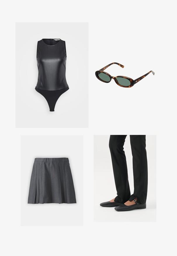 Szürke, texturált dzseki magas gallérral, elasztikus aljjal és nagy elülső zsebekkel. Laid-back fit és minimális varrási részletek jellemzik.; Fekete ujjatlan bodysuit fényes anyagból, magas nyakkal, teljes hátrész és tanga alsó rész kialakítással a karcsú sziluett érdekében.; Két hosszúujjú felső: egy krémszínű, cropped stílusú és egy zöld, normál hosszúságú, raglan ujjal. Mindkettő puha anyagból készült.; Szürke, redős szoknya texturált anyagból, derékpánttal és rejtett cipzárral. Egyenletesen elhelyezett redők jellemzik, ami strukturált megjelenést kölcsönöz.; Fekete bőr balettcipők hegyes orral, ezüst csattal ellátott pánttal, fekete szabott nadrággal, amelynek hasított szegélye van.; Tortojásmintás napszemüveg ovális kerettel és zöld lencsékkel. Vékony szárakkal rendelkezik, fémes kiegészítővel a csuklók közelében.