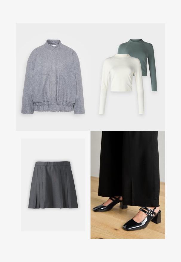 Grå, texturerad jacka med hög krage, elastisk nederkant och stora framfickor. Har en avslappnad passform och minimala sömdetaljer.; Två långärmade toppar: en krämfärgad, cropped design och en grön, vanlig längd med raglanärmar. Båda i ett mjukt tyg.; Grå plisserad kjol i texturerad tyg, med midjeband och dold dragkedja. Har jämnt fördelade plisseringar för en strukturerad look.; Svarta lackläders slingback-skor med fyrkantiga tår, utrustade med dubbelt justerbara ankelremmar och klackar i blockmodell. Slät, glänsande yta.