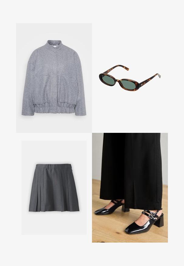 Pelēks, teksturēts žakets ar augstu apkakli, elastīgu apakšu un lielām priekšējām kabatām. Piedāvā brīvu piegriezumu un minimālu šuvju detaļu.; Divi garām piedurknēm tops: viens krēmkrāsas, īsā dizaina, un viens zaļš, parastā garumā ar raglanu piedurknēm. Abi ir izgatavoti no mīksta auduma.; Pelēka plisēta svārku izgatavota no teksturēta auduma, ar jostu un slēptu rāvējslēdzēju. Iekļauj vienmērīgi izkārtotas plisītes, kas piešķir strukturētu izskatu.; Melnās patentā ādas slingback kurpes ar kvadrātveida purngalu, ar divām regulējamām potīšu siksnām un bloku papēžiem. Gluda, spīdīga apdare.; Bruņurupuča apvalka saulesbrilles ar ovālām rāmēm un zaļiem stikliem. Rāmjiem ir plānas kājas ar metāla akcentu tuvu eņģēm.