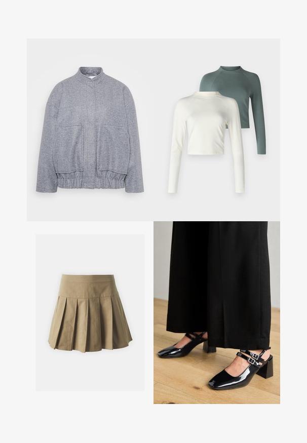 Casaco cinzento e texturizado com colarinho alto, bainha elástica e grandes bolsos frontais. Apresenta um corte descontraído e um detalhe de costura minimal.; Duas blusas de manga longa: uma com design cropped em cor creme e a outra verde, de comprimento regular, com mangas raglan. Ambas em um tecido suave.; Saia plissada caqui com uma cintura ajustada, feita de tecido de algodão, apresentando uma textura uniforme e um design curto e evasé.; Sapatos slingback de verniz preto com biqueiras quadradas, apresentando duas tiras ajustáveis no tornozelo e saltos blocados. Acabamento liso e brilhante.