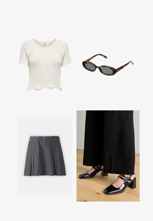 Giacca grigia, strutturata, con colletto alto, bordo elasticizzato e ampie tasche frontali. Presenta una vestibilità comoda e dettagli di cucitura minimi.; Maglione bianco a maniche corte, corto, realizzato in tessuto a maglia aperta con orlo a scallop e motivo testurizzato. Collo rotondo e vestibilità rilassata.; Gonna grigia plissettata realizzata in tessuto testurizzato, con vita e cerniera nascosta. Presenta pieghe spaziato uniformemente per un aspetto strutturato.; Scarpe slingback in pelle verniciata nera con punta quadrata, dotate di doppie cinghie regolabili alla caviglia e tacchi a blocco. Finitura liscia e lucida.; Occhiali da sole tartarugati con montatura ovale e lenti verdi. Presentano aste sottili con un accento metallico vicino alle cerniere.