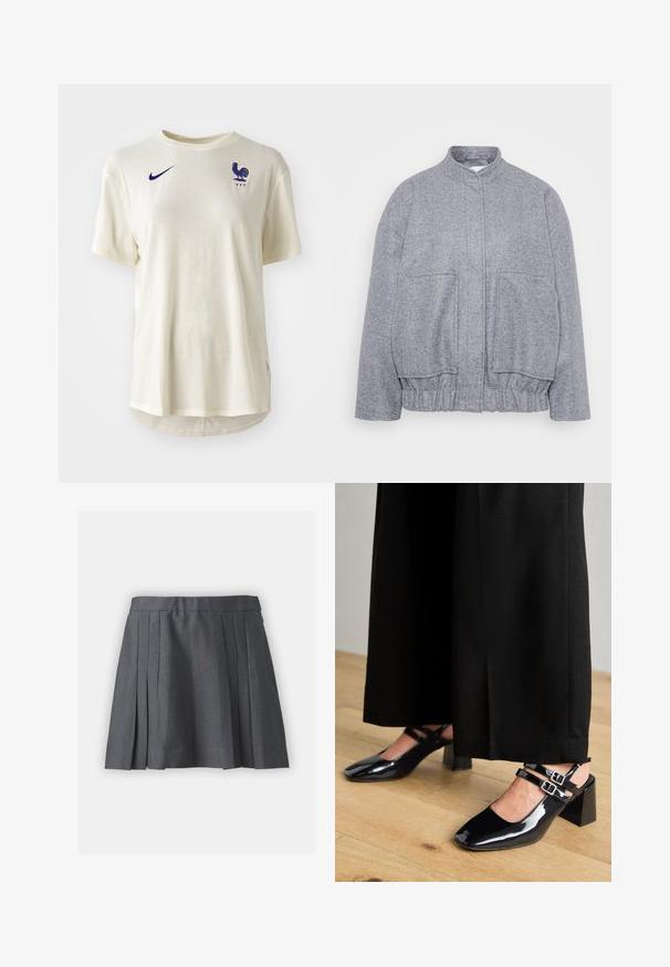 Siva, teksturirana jakna z visokim ovratnikom, elastičnim robom in velikimi sprednjimi žepi. Ima sproščen kroj in minimalne šive.; Kremna Nike majica s kratkimi rokavi, z modrim logotipom petelina in emblemom 'FFF' na levi strani prsnega predela. Gladka tekstura tkanine.; Siva nabrana krilka iz teksturiranega materiala, z pasom in skrito zadrgo. Ima enakomerno razporejene nabore za strukturiran videz.; Črne patentne usnjene sandale s kvadratnimi prsti, opremljene z dvema nastavljivima zapestnicama in blokastimi petami. Gladka, sijoča končana.