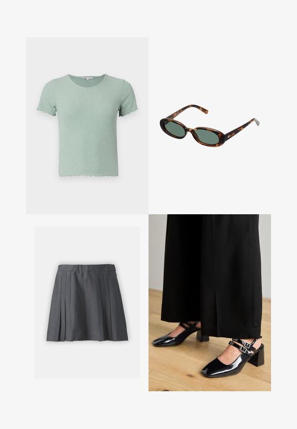 Grau strukturierte Jacke mit hohem Kragen, elastischem Saum und großen Fronttaschen. Verfügt über einen lockeren Schnitt und minimale Nähdetails.; Hellgrünes, geripptes Baumwoll-T-Shirt mit kurzen Ärmeln und einem gewellten Saum. Es hat einen runden Ausschnitt und eine weiche Textur.; Grauer plissierter Rock aus strukturiertem Stoff, mit einem Bund und verdecktem Reißverschluss. Verfügt über gleichmäßig verteilte Falten für einen strukturierten Look.; Schwarze Lackleder-Slingback-Schuhe mit quadratischen Zehen, ausgestattet mit doppelt verstellbaren Knöchelriemen und Blockabsätzen. Glatte, glänzende Oberfläche.; Schildpatt-Sonnenbrille mit ovalen Rahmen und grünen Gläsern. Verfügt über dünne Bügel mit einem metallischen Akzent in der Nähe der Scharniere.