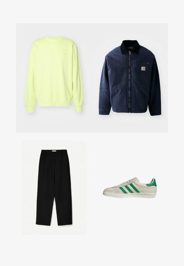 Navy blue work jacket with a black corduroy collar, front zipper, chest pocket, and two side pockets. Smooth fabric with a structured fit.; Bright yellow sweatshirt made of soft fabric, featuring a round neckline, long sleeves, and ribbed cuffs. Subtle logo on the front.; Black, wide-leg pants made from a lightweight fabric. Features an elastic waistband and a smooth texture. No visible patterns or hardware.; Beige sneaker with green stripes, featuring a white sole and a smooth leather upper. Side view highlighting lace details and logo.