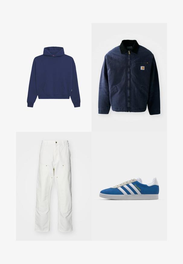 Navy blue work jacket with a black corduroy collar, front zipper, chest pocket, and two side pockets. Smooth fabric with a structured fit.; Navy blue hoodie made of fleece material, featuring a front kangaroo pocket, ribbed cuffs, and a relaxed fit with a drawstring hood.; White cotton cargo pants with a relaxed fit. Features include front pockets, gold hardware accents, and reinforced knee sections.; adidas Originals ADIDAS GAZELLE SHOES - Indoor football boots - real madrid/bluebird/footwear white/crew yellow