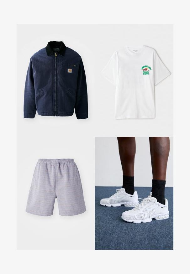 Marineblaue Arbeitjacke mit einem schwarzen corduroy Kragen, Frontreißverschluss, Brusttasche und zwei Seitentaschen. Glattes Material mit einer strukturierten Passform.; Weißes Baumwoll-T-Shirt mit einem grünen und roten grafischen Text auf der linken Brust, der "cashart Who Pronto Subito" liest. Kurze Ärmel.; Hellblaue gestreifte Shorts mit elastischem Bund, aus weichem Stoff gefertigt. Verfügt über Seitentaschen und eine lockere Passform, ideal für die Freizeit.; Weiße Sportschuhe mit Mesh-Obermaterial, strukturierten Akzenten und gepolsterter Sohle. Kombieirt mit schwarzen gerippten Knöchelsocken auf einer blauen Teppichoberfläche.