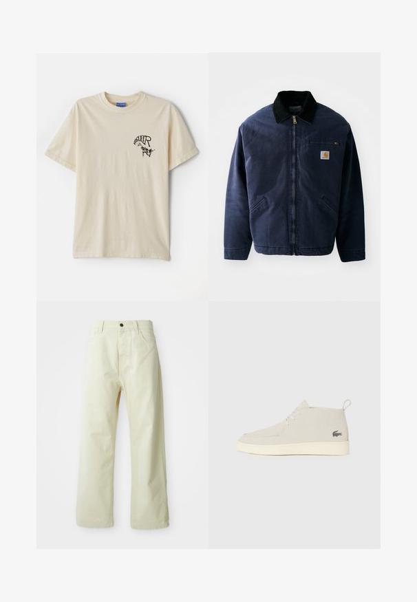 Tumesinine tööjakk musta korduroy kraega, esi tõmblukk, rinna tasku ja kaks küljetaskut. Sile kangas ja struktureeritud lõige.; Kreemivärvi puuvillane T-särk lühikeste varrukatega, millel on must graafiline tekst ja illustratsioon vasakul rinnapiirkonnas.; Hele kollaste, laiad püksid, valmistatud denimist, ees nuppe sulgemisega, viie taskuga ja sirge, ilma kaunistusteta disainiga.; Heledad hall Suede säärebootsid, ümara ninaga, valge kummist tallaga ja peene logodetailiga küljel. Omab nööridega sulgemist.