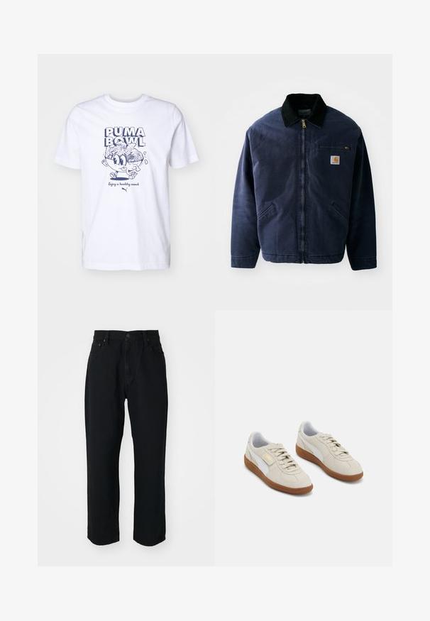 Navy blue work jacket with a black corduroy collar, front zipper, chest pocket, and two side pockets. Smooth fabric with a structured fit.; White cotton t-shirt featuring a blue cartoon graphic of a bowl filled with food and text reading "PUMA BOWL" and "Enjoy a healthy snack."; Black denim jeans featuring a straight cut, lightweight texture, five-pocket design, and a button closure at the waist.; Beige suede sneakers with white leather accents and brown rubber soles. Features round toe, laces, and a gold logo on the side.