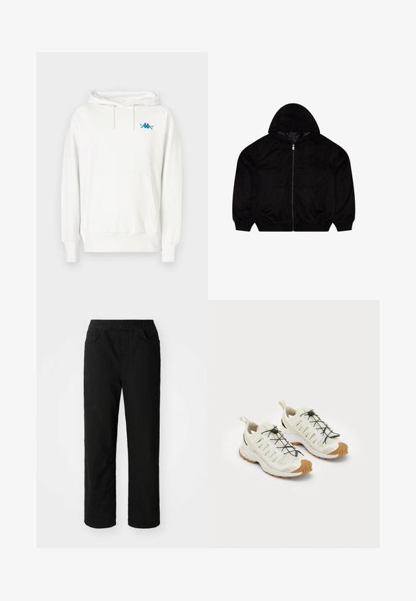 Μαύρο φούτερ με φερμουάρ και απαλό υλικό, διαθέτοντας κουκούλα, δύο μπροστινές τσέπες και κεντημένο λογότυπο στο στήθος.; Λευκή ζακέτα με κανονική εφαρμογή, κουκούλα με κορδόνι, τσέπη καγκουρό και μπλε λογότυπο Kappa στο αριστερό στήθος, κατασκευασμένη από μαλακό υλικό.; Μαύρο βαμβακερό παντελόνι με χαλαρή εφαρμογή, ελαστική μέση, δύο εμπρός τσέπες και ίσια πόδια. Λείος υφασμάτινος ιστός χωρίς ορατά σχέδια.; Ελαφριά, κρεμώδη αθλητικά παπούτσια με πάνω μέρος από διχτυωτό υλικό, μαύρες ελαστικές κορδόνες και καφετί καουτσούκ σόλες για πρόσφυση και αντοχή.