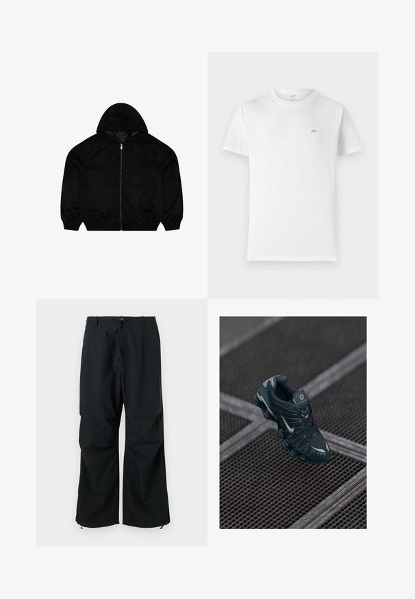 Sweatshirt preto com fecho éclair e textura suave, com capuz, duas bolsos frontais e um logótipo bordado no peito.; T-shirt de algodão branca com um clássico decote redondo, mangas curtas e um pequeno logotipo cinza da GAP no lado esquerdo do peito. Design simples e sem adornos.; Calças largas pretas com cintura elástica e cordão. Feitas de um tecido leve e texturado. Design simples.; Sapatilha Nike Shox verde-escura com parte superior em malha, detalhes em borracha e sola acolchoada distinta. Logótipo da Nike prateado na lateral. Detalhes texturizados visíveis.