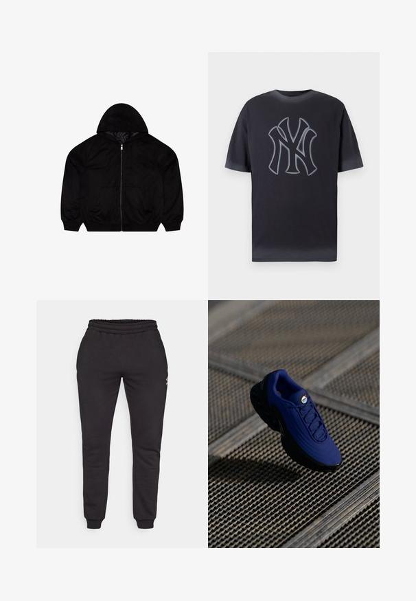 Svart hettegenser med glidelås og myk tekstur, med hette, to frontlommer og et brodert logo på brystet.; Mørkegrå bomull T-skjorte med en fremtredende grå NYC-logo i en kontrastfarge plassert i midten. Korte ermer og klassisk rund hals-design.; Sorte joggebukser laget av myk bomull, med elastisk liv, smale ben og en liten logo på venstre side.; Blå idrettssko med teksturert overdel, svart såle og snører. Har "air" merkevare på tungen og synlige luftputeelementer.