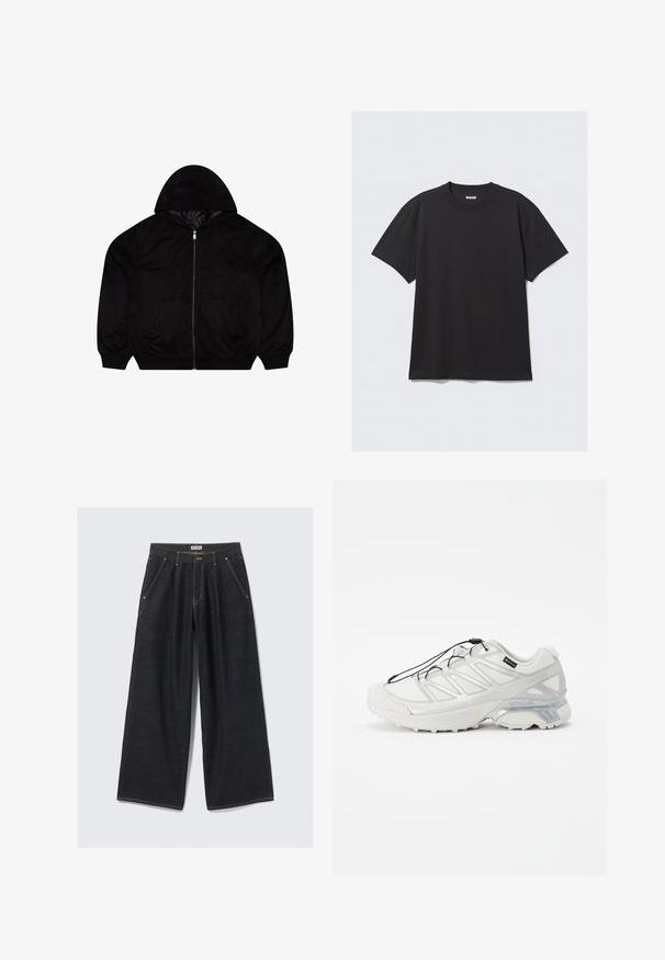 Črna zip-up kapuca z mehko teksturo, ki ima kapuco, dve sprednji žepi in vezen logotip na prsih.; Crna majica s kratkimi rokavi iz bombaža. Ima okroglo ovratnik in sproščen kroj. Preprost dizajn brez vzorcev ali poudarkov.; Temno modri široki hlače z nagubami spredaj, poševnimi žepi, okroglimi zankami in z gumbom za zapiranje v pasu, označenim z "WEEKDAY."; Bela športna obutev z teksturiranim mrežastim zgornjim delom, odsevnimi akcenti in oblazinjenim podplatom. Ima elastične vezalke in siva detajla.