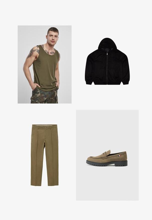 Črna zip-up kapuca z mehko teksturo, ki ima kapuco, dve sprednji žepi in vezen logotip na prsih.; Oljčnozeleni top brez rokavov iz mehkega, lahkega materiala. Ima širok ovratnik in sproščen kroj, v kombinaciji z vojaškimi kratkimi hlačami.; Khaške hlače s ravnim krojem, ki imajo dva sprednja žepa in en gumb za zapiranje v pasu. Mehka bombažna tkanina.; Rjavi semiš loafers s zaobljenim nožnim prstom, črnimi gumijastimi podplati in dekorativnim šivom. Imajo majhen rdeč, bel in moder naglas.