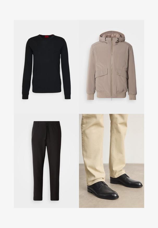 Világos bézs bomberdzseki, elöl cipzárral, két elülső zsebbel és kapucnival. Rugalmas mandzsettákkal és aljjal, sima szövetfelülettel rendelkezik.; HUGO SAN CEDRIC - Pulóver - black; Fekete jogger nadrág sima anyagból. Rugalmas derekú, húzózsinórral, tapered lábakkal és látható zsebek nélkül készül. Egyszerű dizájn.; Fekete bőrfűzős cipő kerek orral, sima felülettel és finom varrási részletekkel, világos bézs nadrággal viselve.