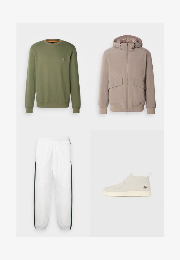 Világos bézs bomberdzseki, elöl cipzárral, két elülső zsebbel és kapucnival. Rugalmas mandzsettákkal és aljjal, sima szövetfelülettel rendelkezik.; BOSS WESTART - Melegítőfelső - open green; Fehér sportnadrág sötétzöld oldalpanelekkel. Könnyű anyagból készült, rugalmas derékkal és gumis szegéllyel. Az oldalpaneleken hálós textúra található.; Világosszürke velúr bokacsizma kerek orral, fehér gumitalppal és diszkrét logórészlettel az oldalon. Fűzős záródás jellemzi.