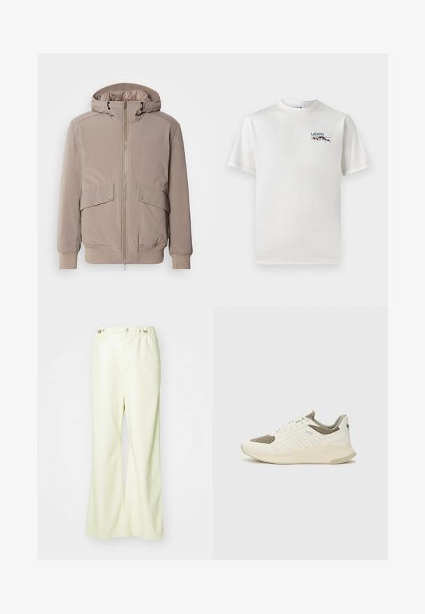 Svetlo béžová bomber bunda so zapínaním na zips vpredu, dvoma prednými vreckami a kapucňou. Obsahuje rebrované manžety a spodný lem, hladký povrch látky.; Biela bavlnená tričko s okrúhlym výstrihom, krátkymi rukávmi a malou vyšívanou nášivkou s motívom hôr a textom na ľavej hrudi.; Svetlozelené široké nohavice vyrobené z hladkej, jemne lesklej látky. Skladá sa z gombíka a elastického pásu, s čistým, upraveným dizajnom.; Biele a svetlo béžové športové tenisky s hornou časťou z mriežkového materiálu, perforovanými detailmi a textúrovanou medzipodrážkou s logom na päte.