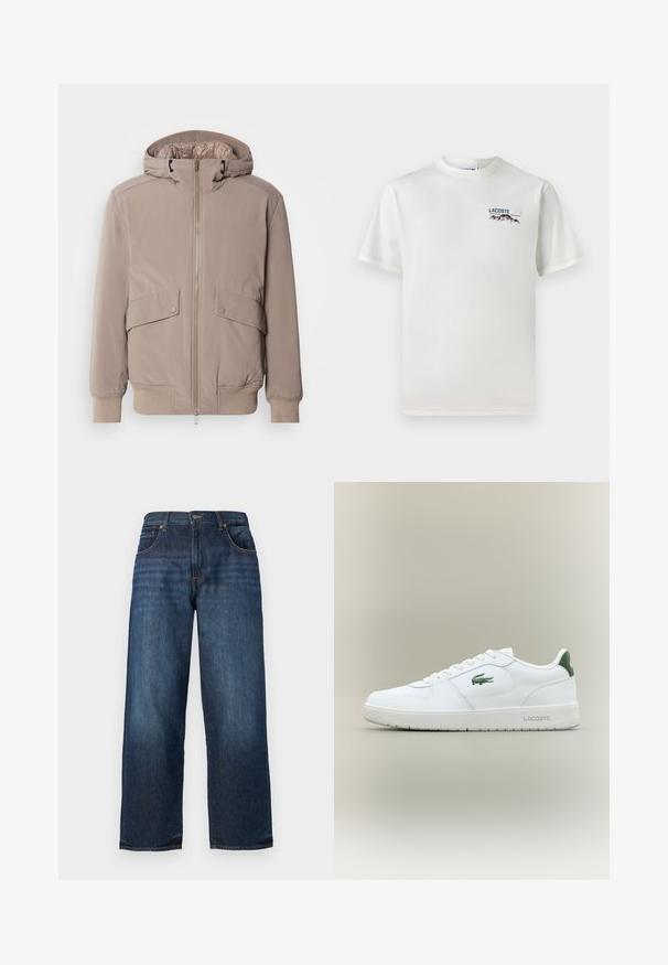 Šviesiai ruda bombonešių striukė su užtrauktuku priekyje, dviem priekiais kišenėmis ir gobtuvu. Yra įrengti elastingi rankogaliai ir apykaklė, lygus audinio paviršius.; Baltas medvilninis marškinėliai su apykakle, trumpomis rankovėmis ir mažas siuvinėtas logotipas, vaizduojantis kalnus ir tekstą ant kairiojo krūtinės.; Tamsiai mėlyni džinsai su tiesių kojų dizainu, matomu siuvimu, penkiomis kišenėmis ir mygtukiniu uždarymu juosmens srityje. Lygus paviršius.; Balti odiniai sportbačiai su lygiu paviršiumi, žaliais akcentais ant kulno ir žalia logotipu šone. Siūlo plokščią pado struktūrą ir apvalią nosį.