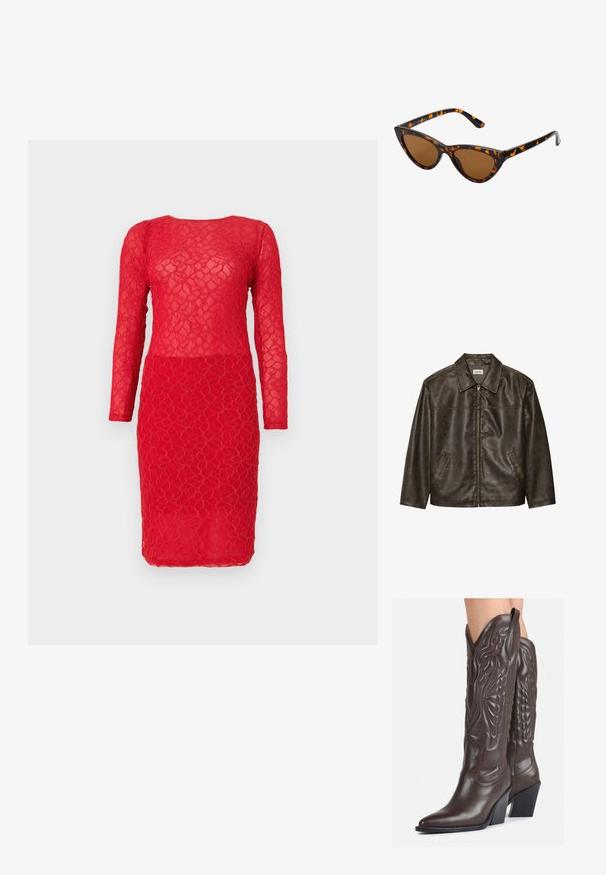 Hnedá kožená bunda s golierom, zipsom a dvoma bočnými vreckami. Hladká štruktúra s mierne opotrebovaným povrchom.; Červené čipkované šaty s dlhými rukávmi, s textúrovaným kvetinovým vzorom a priliehavou siluetou. Polopriesvitná látka po celom obvode.; Hnedé kožené kovbojské topánky s špicatou špičkou a blokovým podrážkou, so zložitým prešívaním a vyvýšenými akcentmi na puzdre.; Mačacie slnečné okuliare s čiernym a oranžovým želvovinovým rámom, hnedými sklami a elegantnými, špicatými koncami. Obsahujú minimalistické logo na spánku.