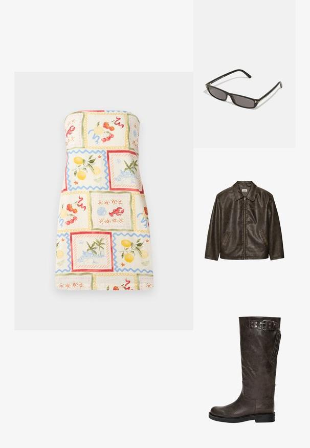 Braune Lederjacke mit Kragen, Reißverschluss und zwei Seitentaschen. Glatte Textur mit einem leicht abgenutzten Finish.; Trägerloses Kleid aus leichtem Stoff mit buntem Patchwork aus Früchten und Küstenszenen, mit gewellten Rändern und einer pastellfarbenen Palette.; Braune Lederstiefel bis zum Knie mit strukturiertem Finish, ausgestattet mit einer Schnalle und Druckknopf-Akzenten an der Seite sowie einer flachen Gummisohle.; Schwarze rechteckige Sonnenbrille mit dunklen Gläsern. Kunststoffrahmen mit matter Oberfläche. Goldene Akzente an den Bügeln und Logo-Branding.; Kuhfell-Handtasche mit einer cremefarbenen Basis und dunkelbraunen Flecken, rechteckiger Form, umklappbarem Deckel und abnehmbarem Schultergurt.
